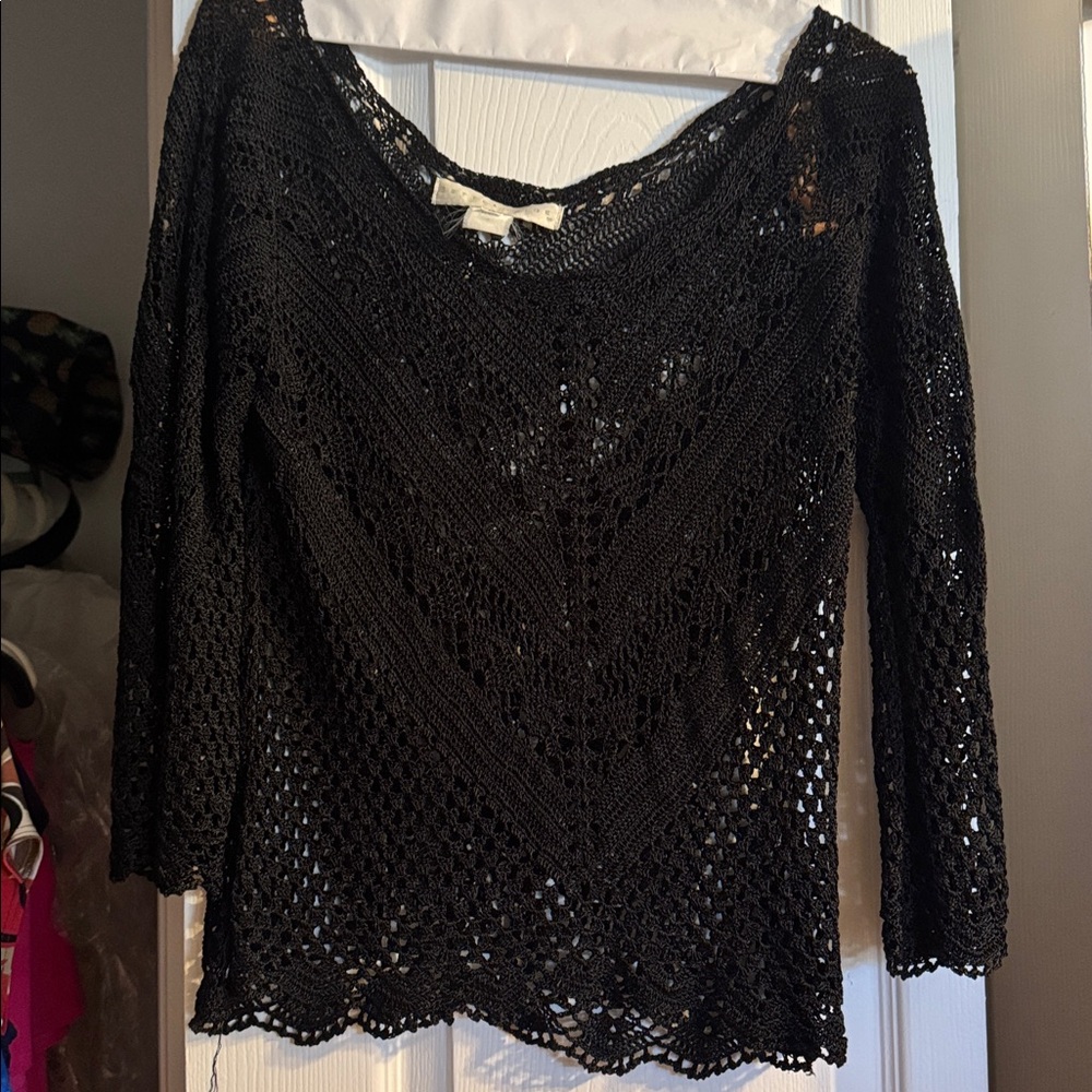 Black Crochet V-Neck Long-Sleeve Top